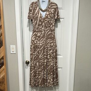 CABI Swoon Dress Soft Stretch Printed Midi Womens Small Short Sleeve